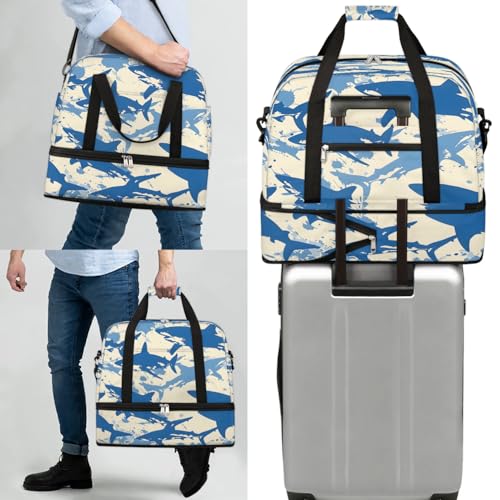 Travel Duffel Bag Shark Themed Weekender Bag with Shoe Compartment Foldable Overnight Bags for Travel Sports Lightweight Gym Bags for Men Women - color: Shark Themed