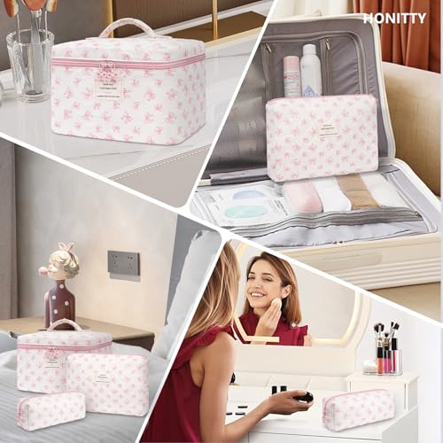 honitty Makeup Bag,Quilted Cosmetic Bags,Large Floral Make Up Organize bag,Makeup Bag Set for Women,Flower Travel Toiletry Bag - color: Bow-2