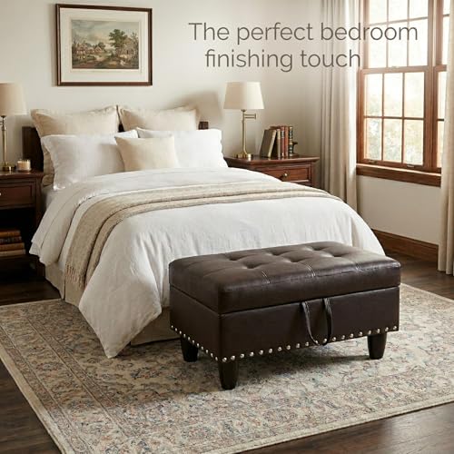 28.5 Inch Storage Ottoman Bench with Hidden Storage, PU Leather Upholstered Foot Rest Stool, Tufted End of Bed Bench for Bedroom Living Room, Easy to Clean, Linen Brown - color: Dark Brown