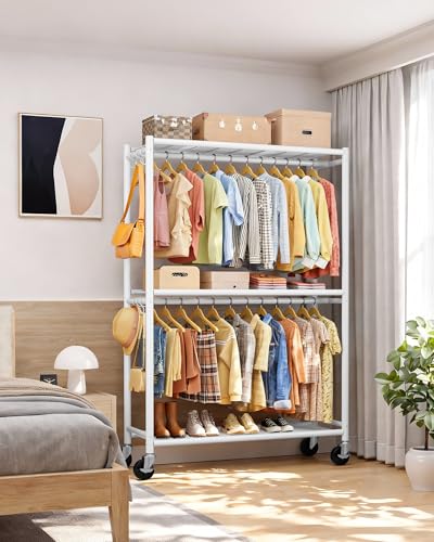 Sakugi Clothes Rack - Double Hanging Rod Clothing Rack with Wheels & Leveling Feet, Large Capacity Wardrobe Closet with Shelves for Bedroom, Laundry Room, Entryway, 45.2" x 12.6" x 80.7", White - color: White, size: XX-Large