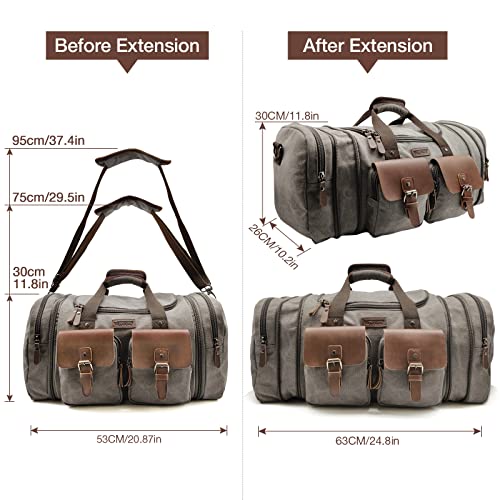 Wildroad 50L Travel Duffel Bag, Expandable Canvas Genuine Leather Duffle Bag Upgraded Overnight Weekender Carry on Bag - color: Grey, size: Large-50L Duffle Bag