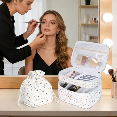 Gosect Makeup Bag, Quilted Cosmetic Bag Set, Drawstring Makeup Bag with Canvas Lining, Large Floral Toiletry Bag for Women Girls, Cute Cotton Flower Travel Organizer Bag (White Cherry - color: White Cherry