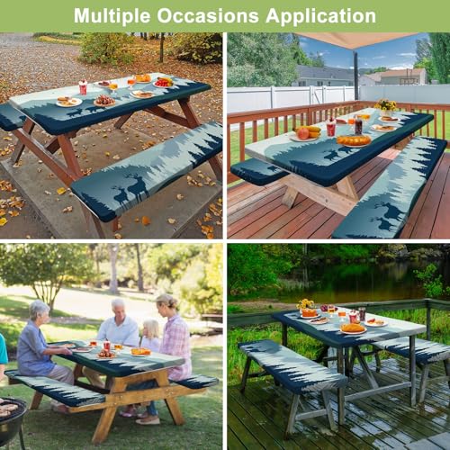 Picnic Table Cover with Bench Covers 6FT 3 Pcs Waterproof Windproof Aesthetic Camping Tablecloth with Drawstring Bag, Fitted for 6 Foot Rectangle Tables and Seats, 72 inch, Blue Deer Forest - color: Blue Deer Forest