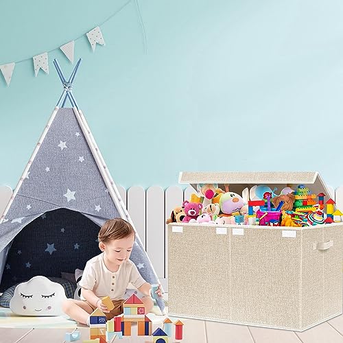 Large Toy Box Chest Storage with Lid - Collapsible Kids Toys Boxes Organizer Bins Baskets with Handles for Boys, Girls, Nursery, Playroom, Clothes, Blanket, Bedroom(Beige) - color: Beige