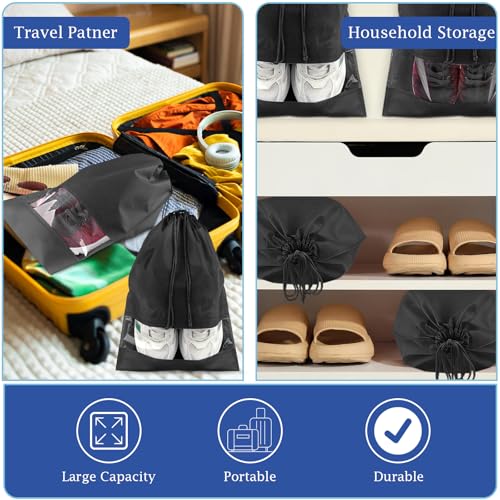 COIDEA 18 Pack Shoe Bags for Travel, Large Travel Shoe Bags for Packing with Clear Window, Dustproof Drawstring Travel Shoe Storage Bags Travel Essentials for Men & Women, Black
