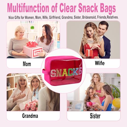 Snack Bags Clear Makeup Bag Large Suncreen Bag Travel Toiletry Bag Chenille Glitter Nylon Cosmetic Pouch (XL, Hot Pink-Snacks) - color: Clear HotPink-Snacks, size: XL