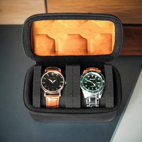 2 slots watch case for travel and storage, hard Watch Roll Organizer holder for Men and Women with microfiber lining - size: 2 slots
