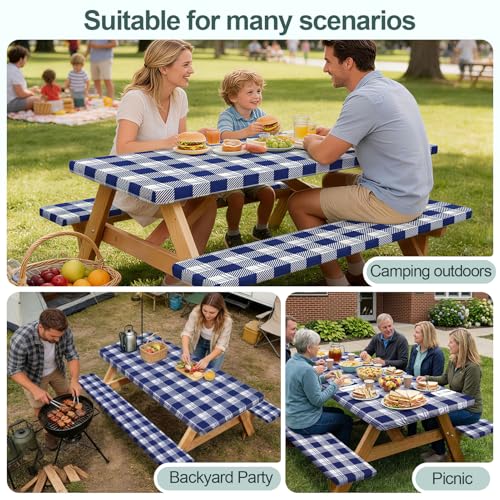 Picnic Table Cover with Bench Covers Camping Essentials Waterproof Windproof Camping Tablecloth with Drawstring Bag, Fitted Rectangle Tables and Seats, 72in, Blue Checkered - color: Blue Checkered, size: 72in