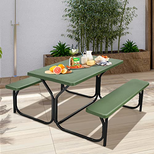 S AFSTAR Picnic Table Bench Set, 59” Expanded Rectangular Picnic Table, Outdoor Table and Bench W/Steel Frame & Wood-Like Texture Tabletop, Camping Table Chair Set for Garden Patio Lawn Deck (Green) - color: Green