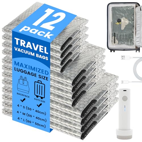 12 Combo Vacuum Storage Bags with Electric Pump (4 Large, 4medium, 4 Small) Travel Clothes Space Saver Bags, Compression Airtight Seal Bags for Clothing, Pillows, Comforters(12PCS with electric pump)