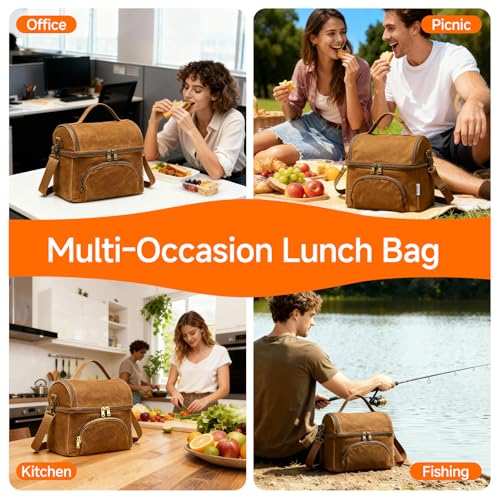 Waxed Canvas Lunch Bag with 2 XL Ice Packs, Canvas Lunch Box, Lunch Cooler for Men Work, 10.5L 2 Compartments Insulated Leakproof Cooler Bags for Camping, Beach and Road Trips - color: Biscuit Yellow