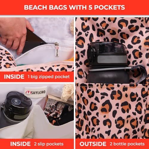 Beach Bag and Pool Bag Has Cooler Pocket, 7 Pockets Total, Zip Top. Family Size Waterproof Beach Tote - color: Leopard