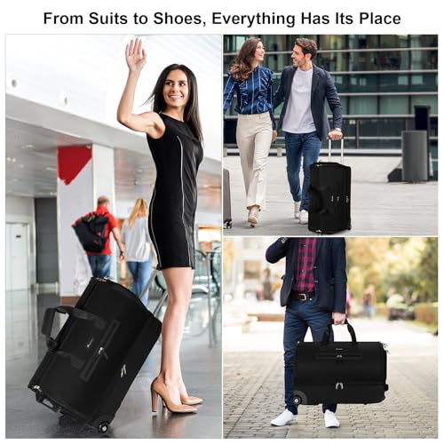 Modoker Convertible Rolling Garment Bag for Travel, Suit Travel Bag with Trolley, Garment Duffel Bag with Wheels & Shoes Compartment for Business Trip, Weekender - Black - color: 25in-Rich black
