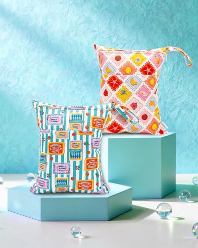 ALVABABY 2pcs Cloth Diaper Wet Dry Bags Waterproof Reusable with Two Zippered Pockets Travel Beach Pool Daycare Soiled Baby Items Yoga Gym Bag for Swimsuits or Wet Clothes 2LM22 - color: Stamps about fish and fruits