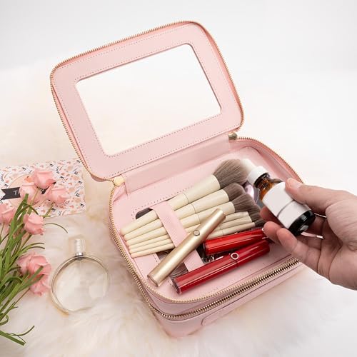 Aveniee XL Clear Makeup Organizer,Double Layer Travel Cosmetic Case with Brush Holder & Zippered Compartments, Large Toiletry Bag Train Case for Women.2 Layers, Pink - color: Pink, style: Dual Layer