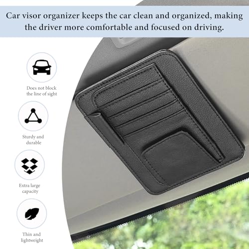 Small Leather Car Sun Visor Organizer, Auto Visor Pouch Card Sleeve Pocket with Sunglasses Clip, Multifunctional Sunvisor Wallet Holder for Driving License Pen Tickets (Black)
