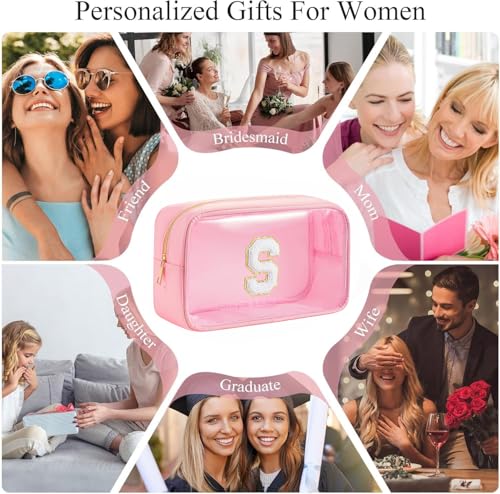 Personalized Initial Clear Makeup Bag Cosmetic Bags Travel Toiletry Bag Essentials Emergency Pouch Gifts for Girls Girlfriend Kids Birthday Graduation Teacher (Pink S) - style: S