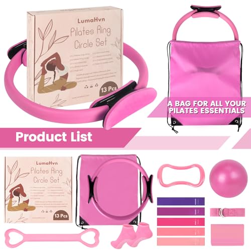 Pilates Kit for Women 13PCS, Pilates Ring and Ball Set with Magic Circle, Resistance Bands Set, Figure 8 Band, Yoga Ring & Grip Socks, Home Workout Equipment Essentials Starter Kit for Beginners - color: Pink