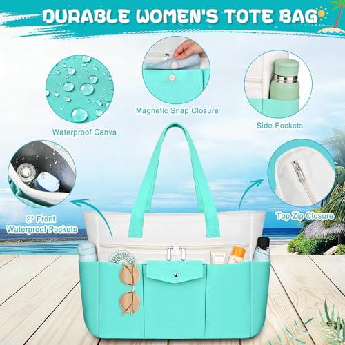 Beach Bags for Women Large Canvas Beach Tote with Zipper Wet Pocket, Waterproof Foldable Swim Pool Travel Tote Bags - color: Lake Green
