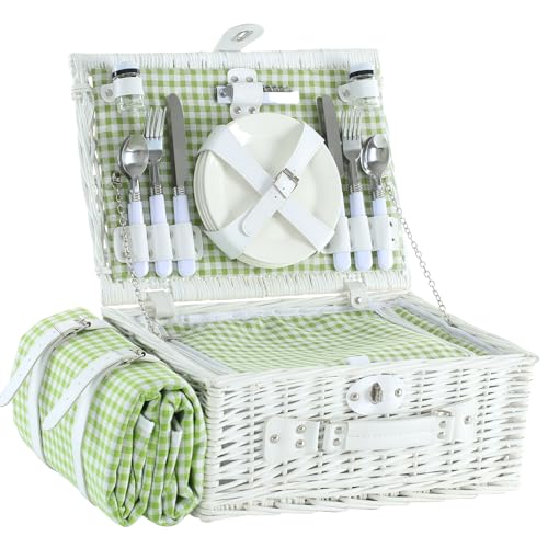 Picnic Basket Set for 4 with Waterproof Blanket Mat Insulation Bag Wicker White Green Plaid Classic Fresh Gift for Christmas Thanksgiving Wedding Birthday Camp Outdoor Beach Travel - color: Green Plaid