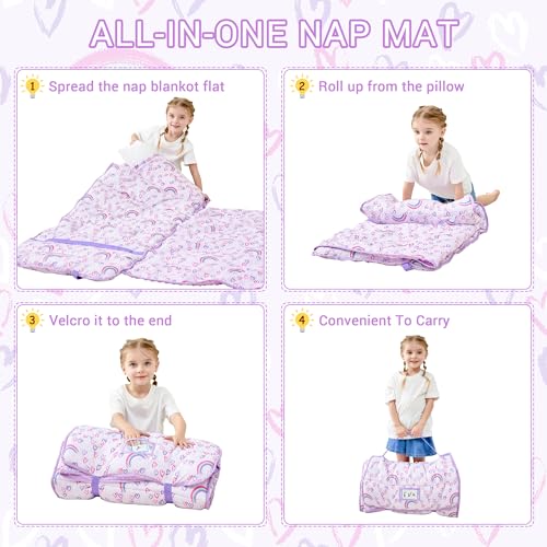 Lasoftan Toddler Nap Mat with Pillow and Blanket, Extra Large Rolled Napping Mats,Slumber Bags for Boys Girls,Kids Sleeping Bag for Daycare, Preschool Travel Camping - color: Rainbow
