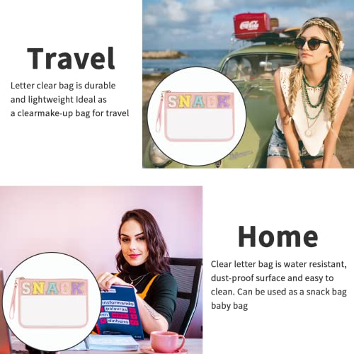 Iqimott Snack Bag Monogram Clear Letter Flat Pouch, Chenille Glitter Letter Patch Makeup Cosmetic Bag Zipper Toiletry Pouch, Portable Travel Beach Wristlet Bags for Women Girls(Snack, Pink) - color: Snack-Pink