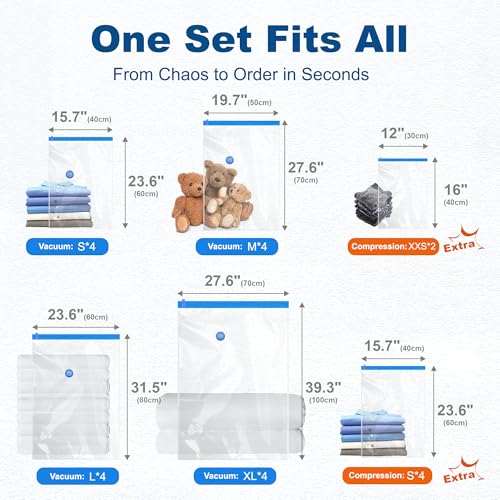 HOUSE DAY 22 Pack Vacuum Seal Bags For Clothing Travel, 80% Space Saving Travel Vacuum Bags with Electric Pump, Vacuum Storage Bags For Clothes, Comforters, Blankets, Moving, Storage & Organization - size: 22 Combo-E PUMP