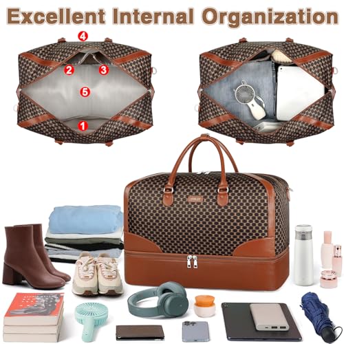 ITIEZY Weekender Overnight Bag for Women - Large Travel Duffel Bag with Shoe Compartment, Gym Duffel Bag Hospital Bag Carry On Tote Bags for Airplanes with Crossbody Bag Toiletry Bag 3Pcs Set - color: 9-dark Brown