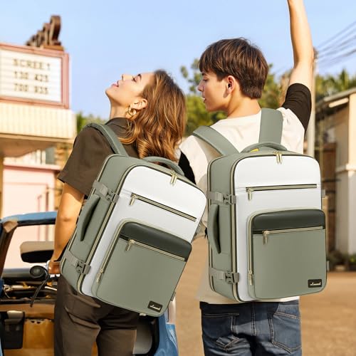 LOVEVOOK Travel Backpack For Women,50L Carry On Backpack Flight Approved,TSA Personal Item Travel Bag Fits 18 Inch Laptop,Business Weekender Overnight Daypack with Toiletry Bag and Cubes - color: Green and White, size: 18 Inch-50L-4Pcs