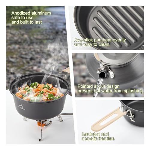 THTYBROS 17pcs Camping Cookware Kit, 0.45Gal Pot, 7inches Pan,0.30Gal Kettle Set with 2 Set Stainless Steel Cups Plates Forks Knives Spoons for Hiking - size: 15 PCS with Stove