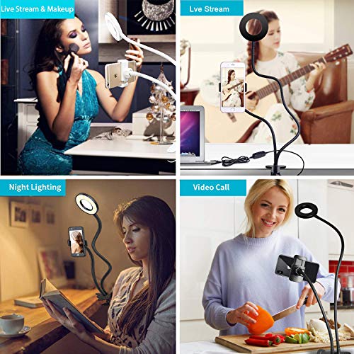 Clip on Light Reading Lights with Cell Phone Holder,Eye Protection Kids Desk Lamp, 360 ° Flexible Gooseneck Selfie Ring Light, LED Makeup Mirror Lights… (Selfie Ring Light with Cell Phone Holder)