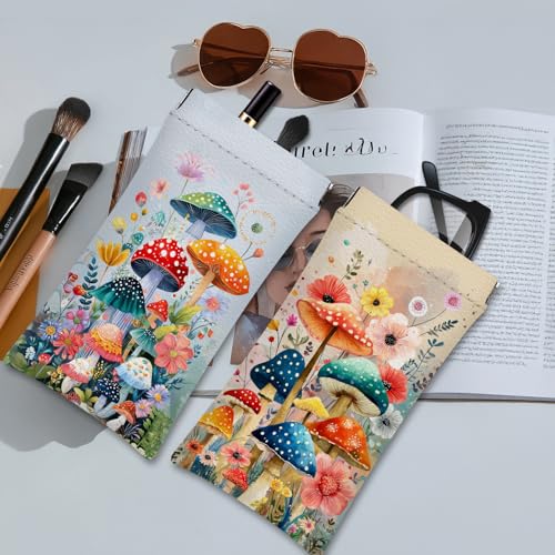 Eyeglasses Sunglasses Case PU Soft Squeeze Top Glasses Pouch for Women Student,Floral Pattern Portable Anti Scratch - color: Blue-mushroom03
