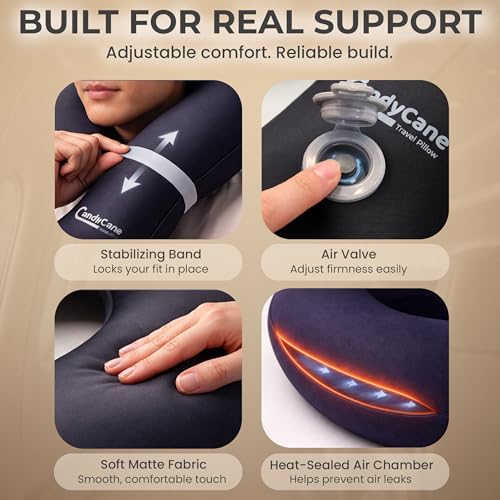 CANDY CANE Inflatable Neck Pillow for Airplane Travel with J-Shaped Design and 360° Support - Head, Neck & Chin Rest for Any Seat, Including Window Leaning - Compact Blow-Up Travel Pillow - color: Black