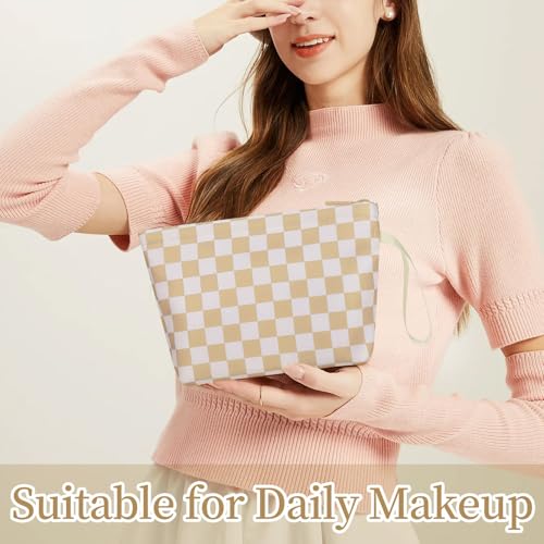 Ethereal Small Makeup Bag, Checked Travel Makeup Bag with Makeup Brush Holder, Cosmetic Bag Black Make up Pouch for Women/Girls - color: 06-khaki mini
