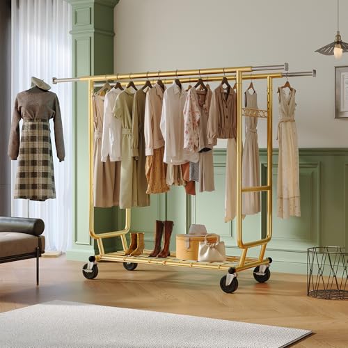 Raybee Clothes Rack Load 650LBS Heavy Duty Clothing Rack, Collapsible Clothes Racks for Hanging Clothes with Adjustable Height & Double Rods, Commercial Garment Rack with Wheels, Easy Assembly, Gold - color: Gold