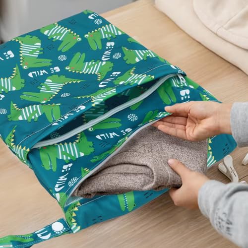 ALVA ALVABABY 3pcs Cloth Diaper Wet Dry Bags Waterproof Reusable with Two Zippered Pockets Travel Beach Pool Daycare Soiled Baby Items Yoga Gym Bag for Swimsuits or Wet Clothes 3L-ZM16A - color: Engineering truck Lion crocodile