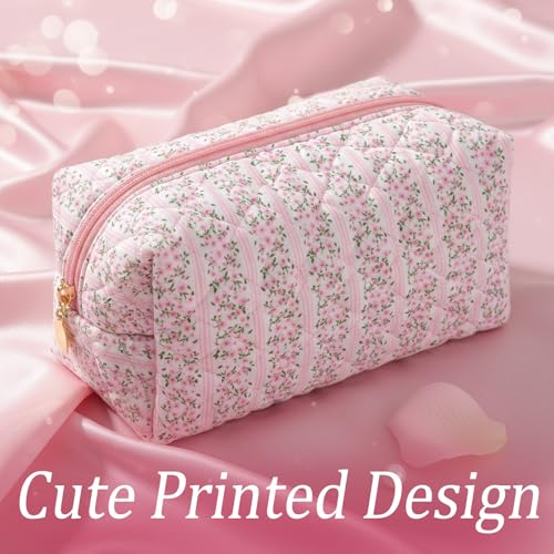 Floral Flowers Toiletry Organizer Makeup, Cute Floral Cotton Makeup Brush Cosmetic Bag Flowers Toiletry Organizer Case Cute Quilted Cotton Pouch for Women (Pink)