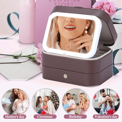 Travel Jewelry Case with LED Makeup Mirror, Portable Travel Jewelry Organizer, 2-Layer Jewelry Box for Earrings Necklace Bracelet Rings, Birthday Gifts for Women Girls (Dark Brown)