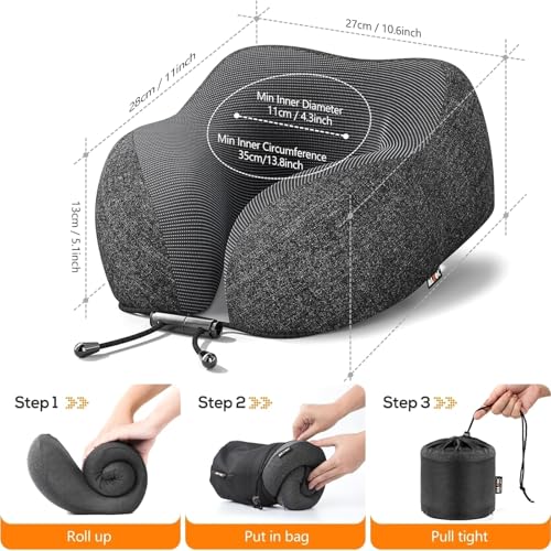 Ergonomic Travel Pillow with Memory Foam Core, Washable Cover & Kit for Airplane and Car