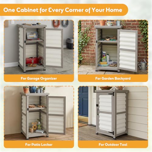 Outdoor Storage Cabinet with Metal Top, Wooden & Plastic Potting Bench & Tool Organizer, Adjustable Shelf for Patio Backyard Garden, Small Outdoor Cabinet for Tools - size: 18"L x 18"W x 33.5"H White