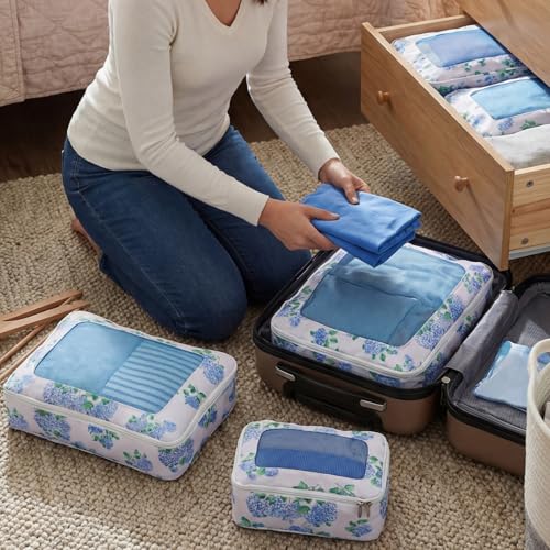 Shinylin 3 Pack Compression Packing Cubes for Travel 3 Size Clothing Bags with Mesh Window for Travel Home Underwear Clothes Accessories Organization Women (Blue Floral) - style: Blue Floral