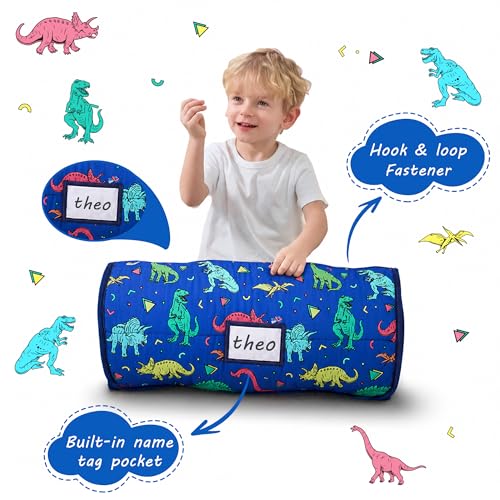 Lasoftan Toddler Nap Mat with Pillow and Blanket, Extra Large Rolled Napping Mats,Slumber Bags for Boys Girls,Kids Sleeping Bag for Daycare, Preschool Travel Camping - color: Blue Dinosaur
