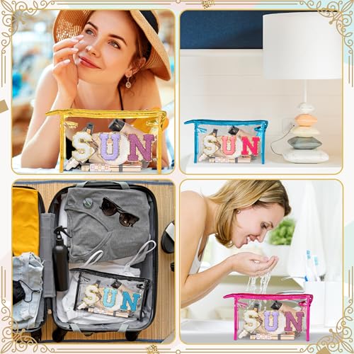 Y1tvei Clear SUN Makeup Bag - Preppy Blue SUN Chenille Varsity Letter Cosmetic Bag PVC Transparent Zipper Waterproof Beach Makeup Carry Pouch Portable Travel Toiletry Organizer for Women(Rose Red) - color: Blue SUN Rose Red