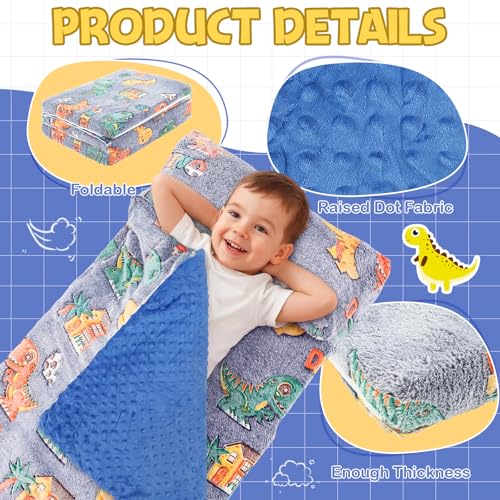 Preschool Nap Mat with Pillow and Blanket, 21" x 50" Glow Sleeping Bag Toddler Nap Mat for Daycare Kids, 2" Thick All in one Foldable Floor Mattress for Girl Boys - style: Dinosaur Pattern
