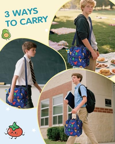 Dinosaur 5L Kids Insulated Lunch Bag Easy to Clean Leakproof Wipeable liner Side Water-bottle Holder Lunch Box for Kids with Shoulder Strap Kids Lunch Bag for School Travel Picnic - color: Dinosaurs