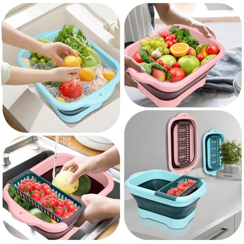 2-Pack Foldable Wash Basin for Vegetables,Collapsible Portable Sink Set in Pink & Green,Kitchen Storage Tray-Laundry,Dishes,Indoor,Outdoor,RV & Camping-Leak-Proof Drain Design