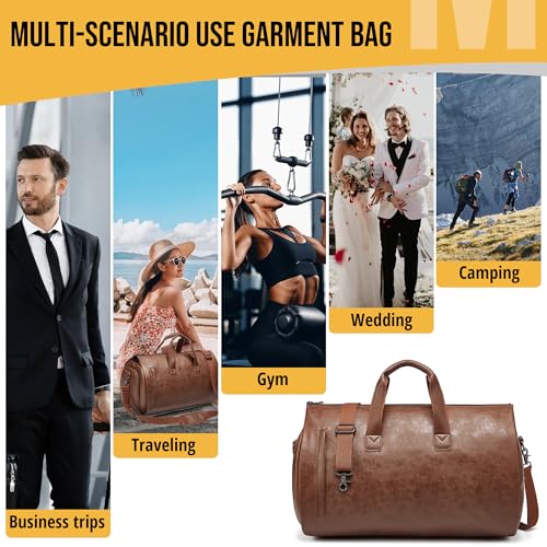 Convertible Garment Bag, Carry on Garment Duffel Bag with Shoulder Strap, Men's Women's Travel Clothing Bag with Shoe Compartment, 2-in-1 Hanging Suitcase Suit Business Travel Bag (Brown) - color: Brown