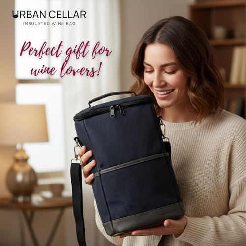 URBAN CELLAR Insulated Wine Carrier Tote - 2 Bottle Wine Cooler Bag with Ice Packs, 6+ Hour Cooling, Waterproof Waxed Canvas for Travel, Picnic, BYOB - Wine Gift