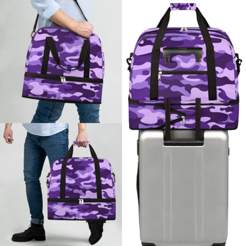 Travel Duffle Bags With Shoes Compartment for Women Men Purple Camouflage Camo Lightweigh Sports Tote Gym Bag Foldable Canvas Weekender Overnight Carry On Luggage Handle Bag - color: A05: Purple Camouflage Camo
