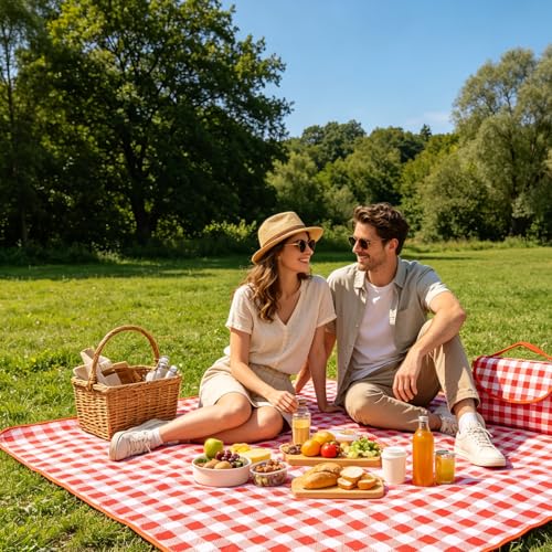 Portable Picnic Blanket, Waterproof Sandproof Foldable Outdoor Mat with Handle for Beach, Camping, Hiking, Travel, and Family Concerts, Red - color: Red